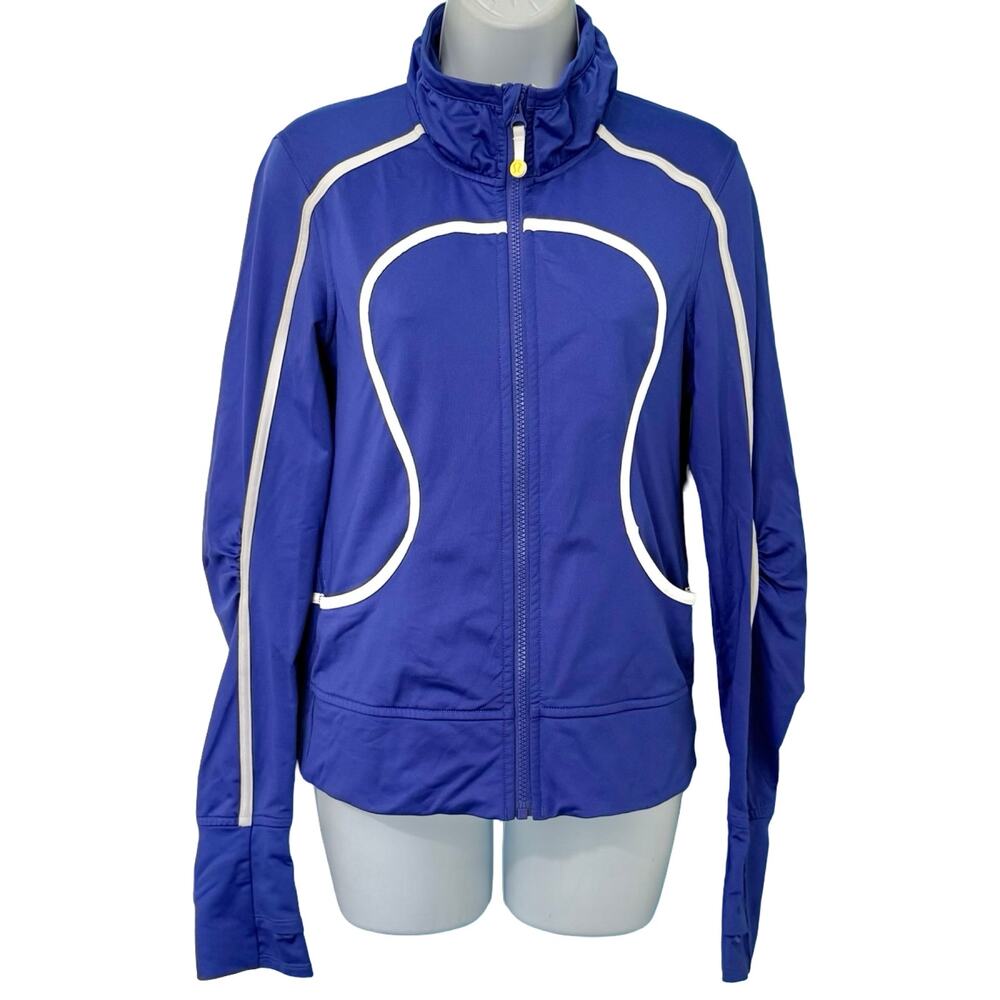 Lululemon Asana Blue Zip Up Track Jacket White Piping Thumbholes Size S / M